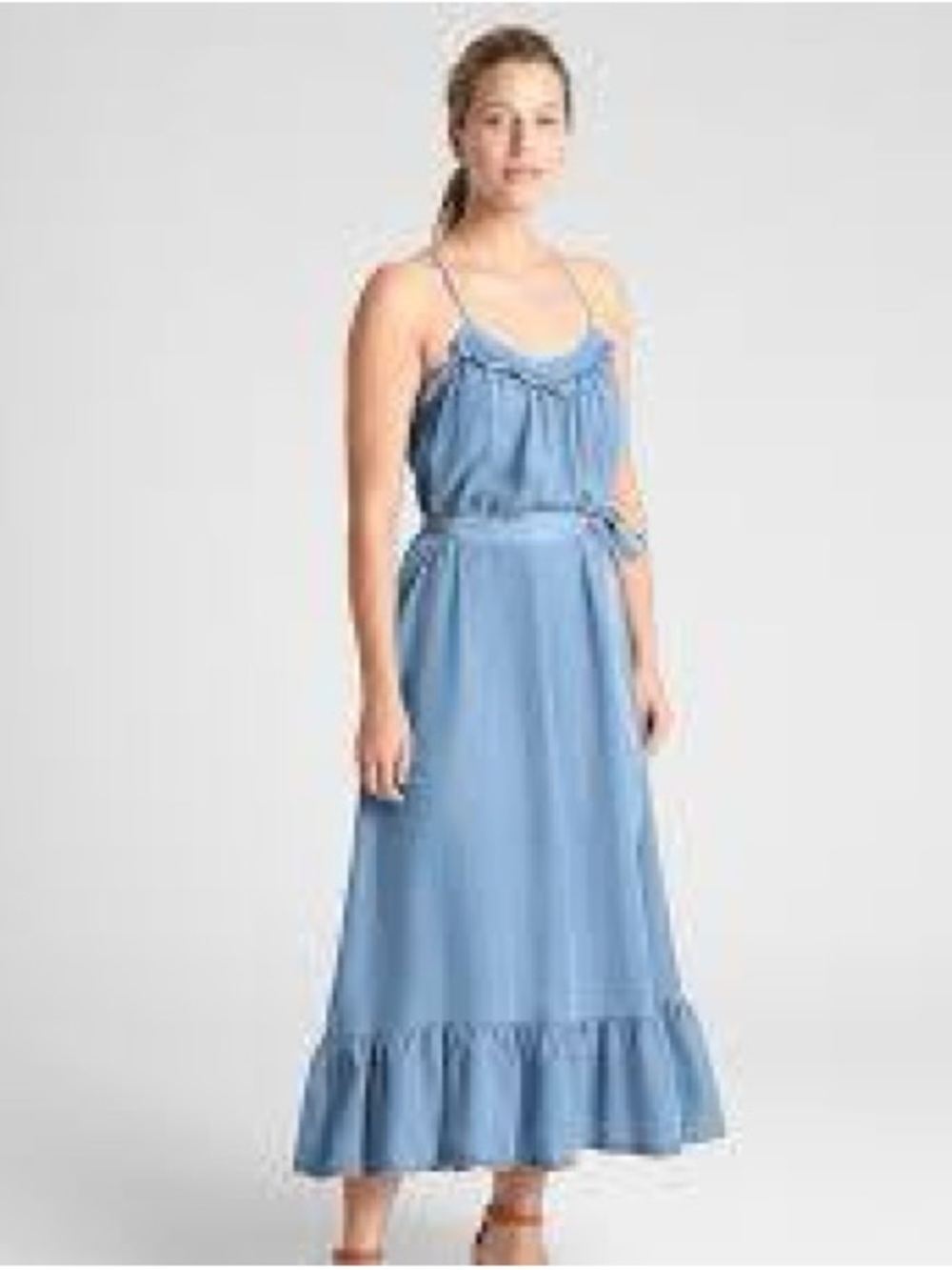 NWT Women’s Gap Blue Ruffle Midi Dress,Spaghetti Straps,Matching Waist Tie Belt